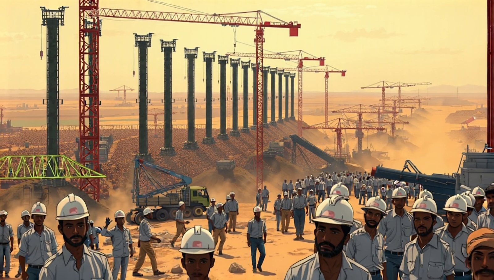 An animated construction site: rows of steel columns, cranes and workers in hard hats