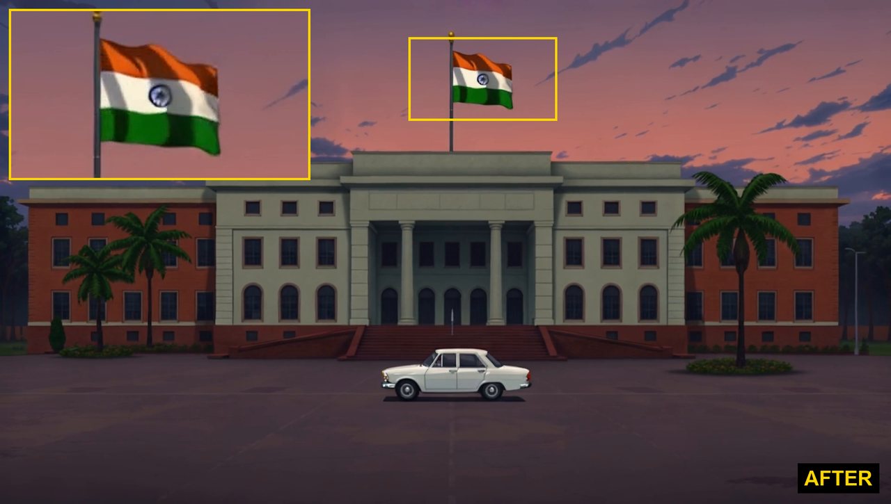 The same forecourt redrawn with no people and the tricolour