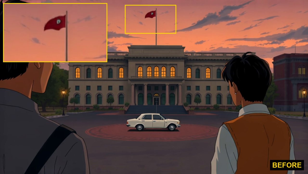 Two people large in the foreground of a forecourt, and a red flag with an emblem on the building