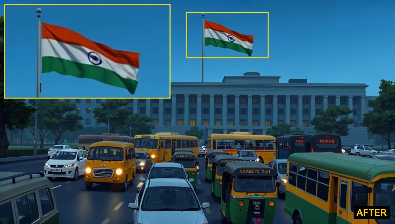 The same government building redrawn, with the Indian tricolour