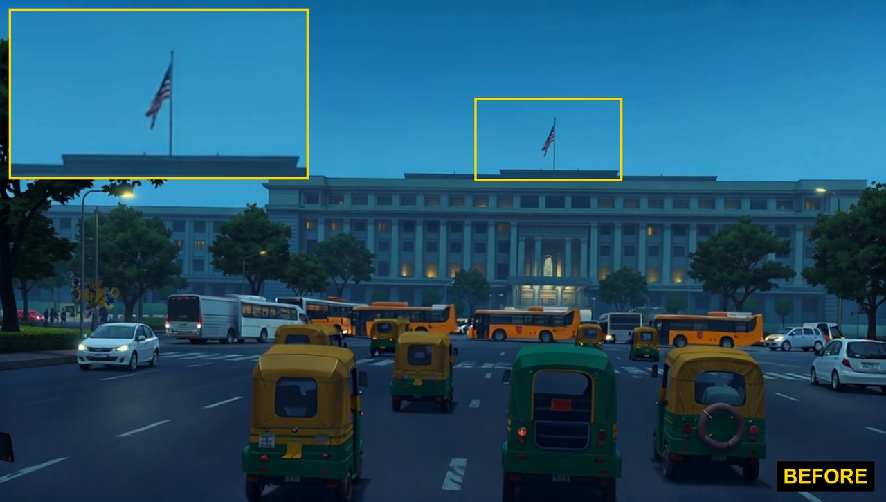 A New Delhi government building at dusk with an American flag on its roof