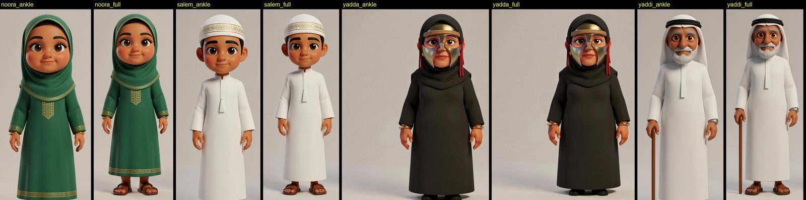 The six reference crops: each character above the feet, then full length.